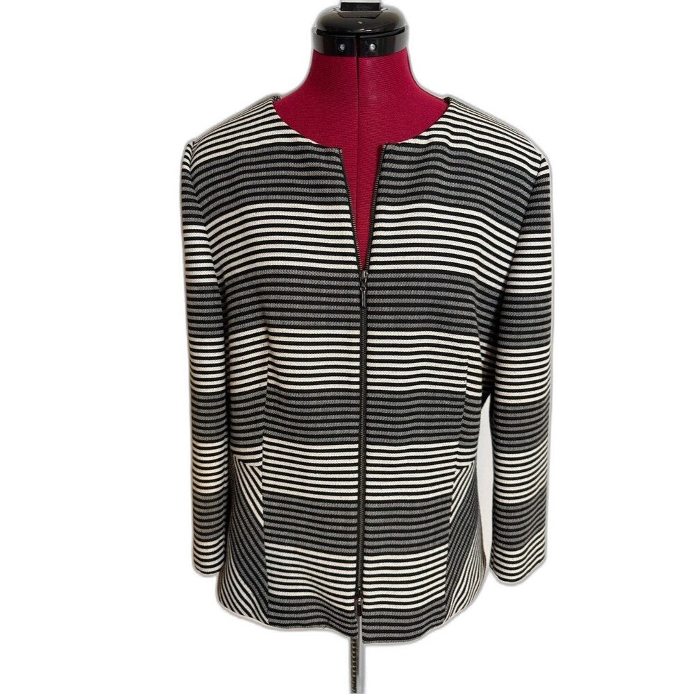 ANTONIO MELANI Zip-Front Blazer Women Size 12 Black & Grey Striped 3/4 Sleeves